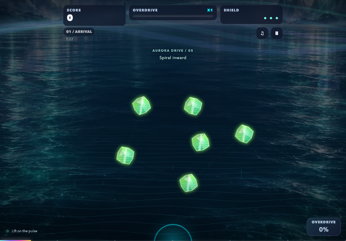 Chroma Rush gameplay with colorful crystals above a luminous ocean