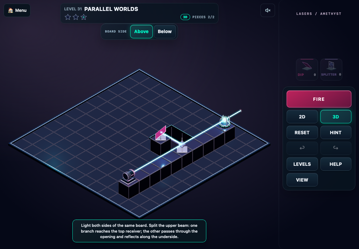 Lasers 3D puzzle board with raised terrain, mirrors and a glowing laser