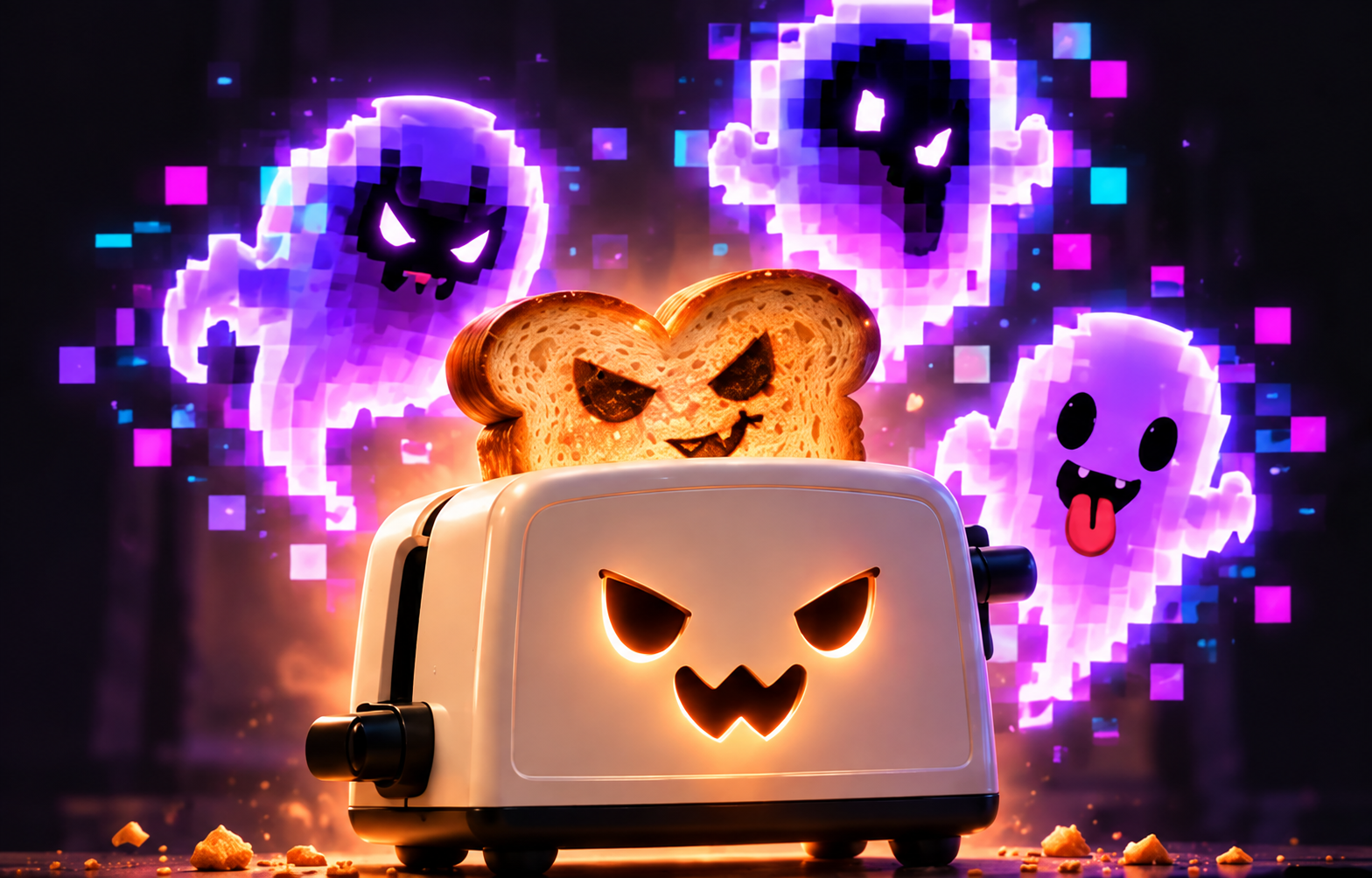 The cream Cursed Toaster mascot, golden toast with a mean face and mischievous purple pixel ghosts